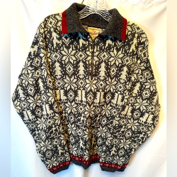 Woolrich Women’s XL Wool Blend Alpine 1/4 Zip Sweater Gray White Red Made In USA - Picture 1 of 9